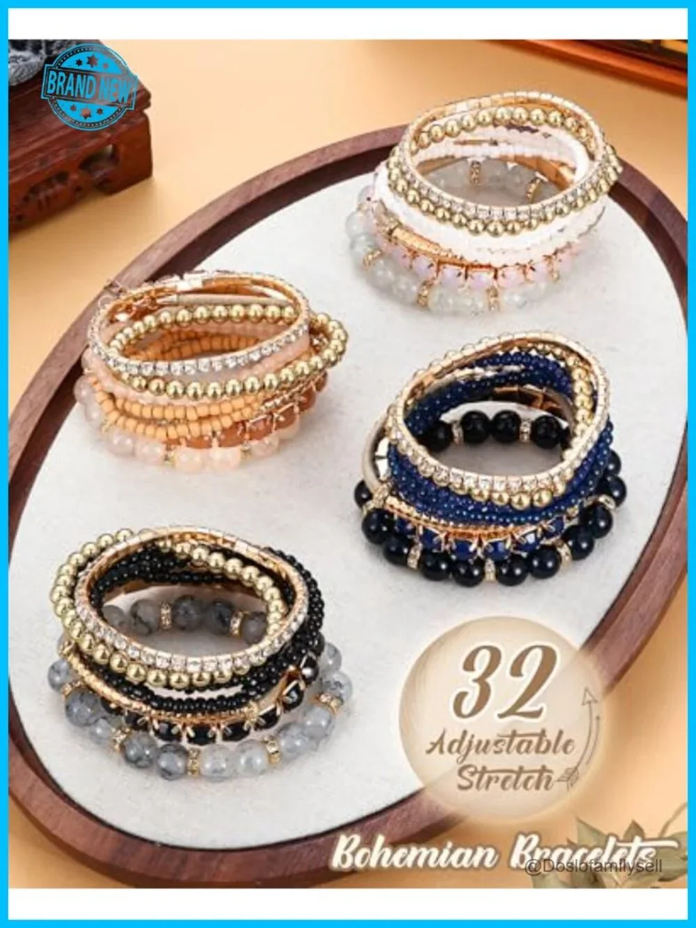 32-Piece Layered Stretch Beaded Bracelets Set Bohemian Crystal Alloy Jewelry